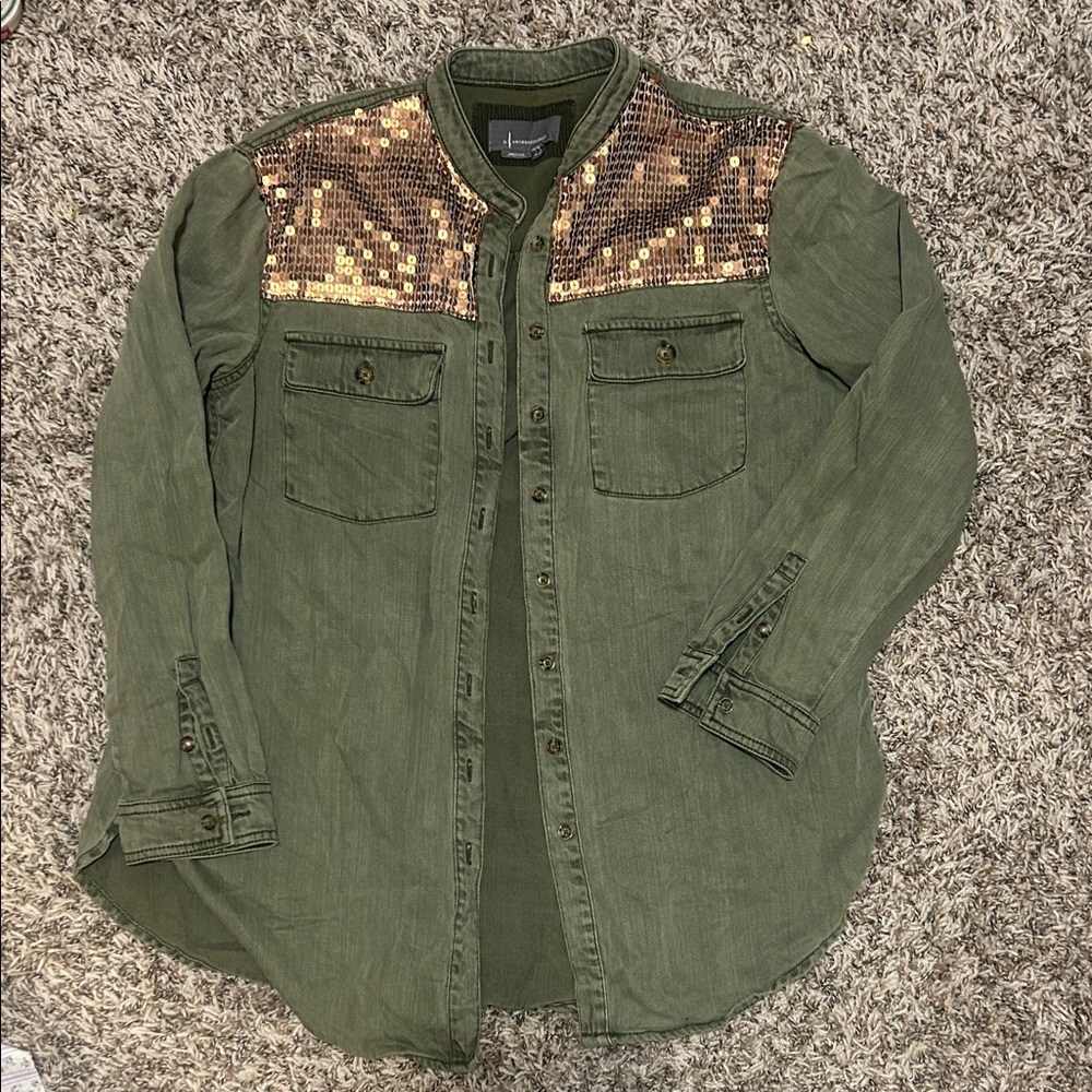 Anthropologie Olive Sequin Shirt Jacket